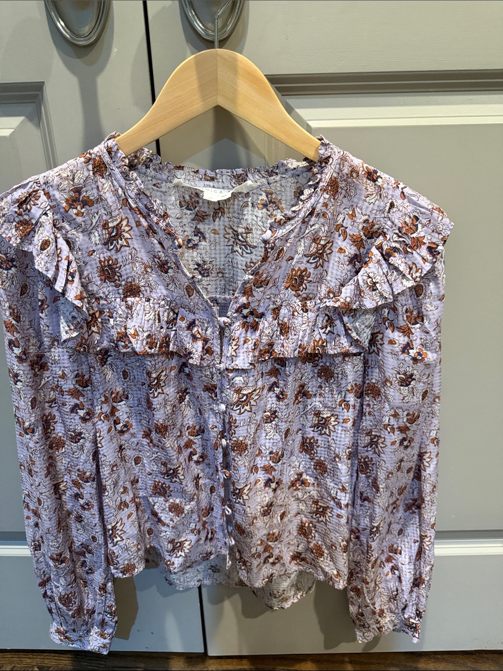 Veronica Beard Lavender and Brown Floral Ruffle Blouse